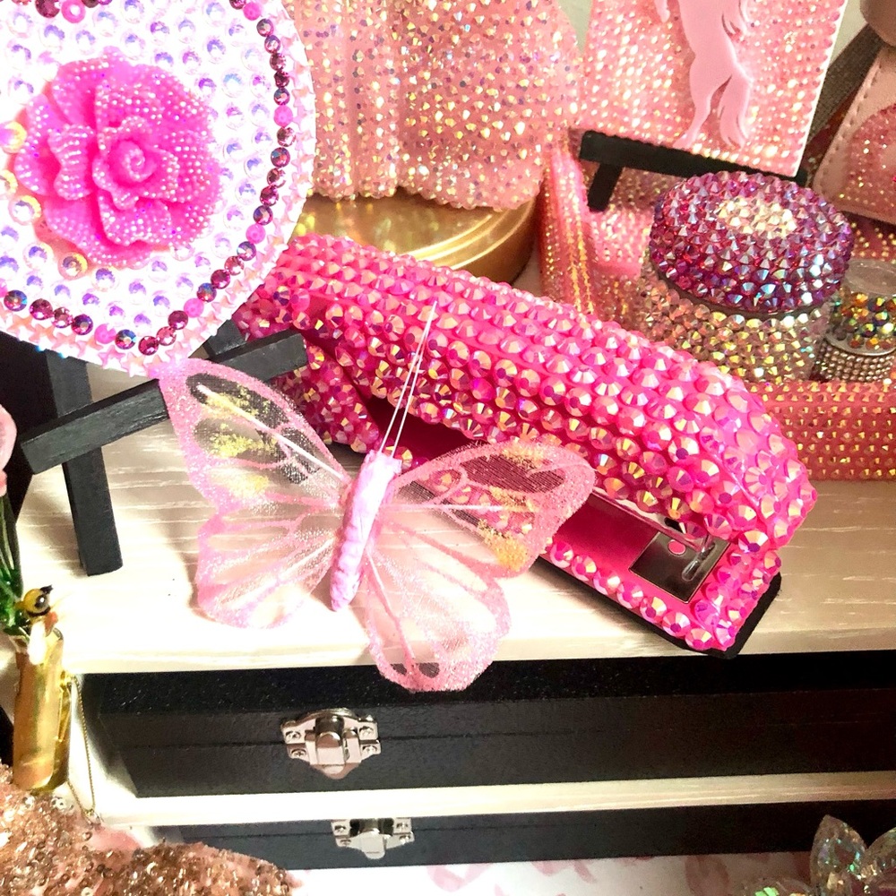 Pink Rhinestone Stapler + Butterfly 🦋 Decor Set